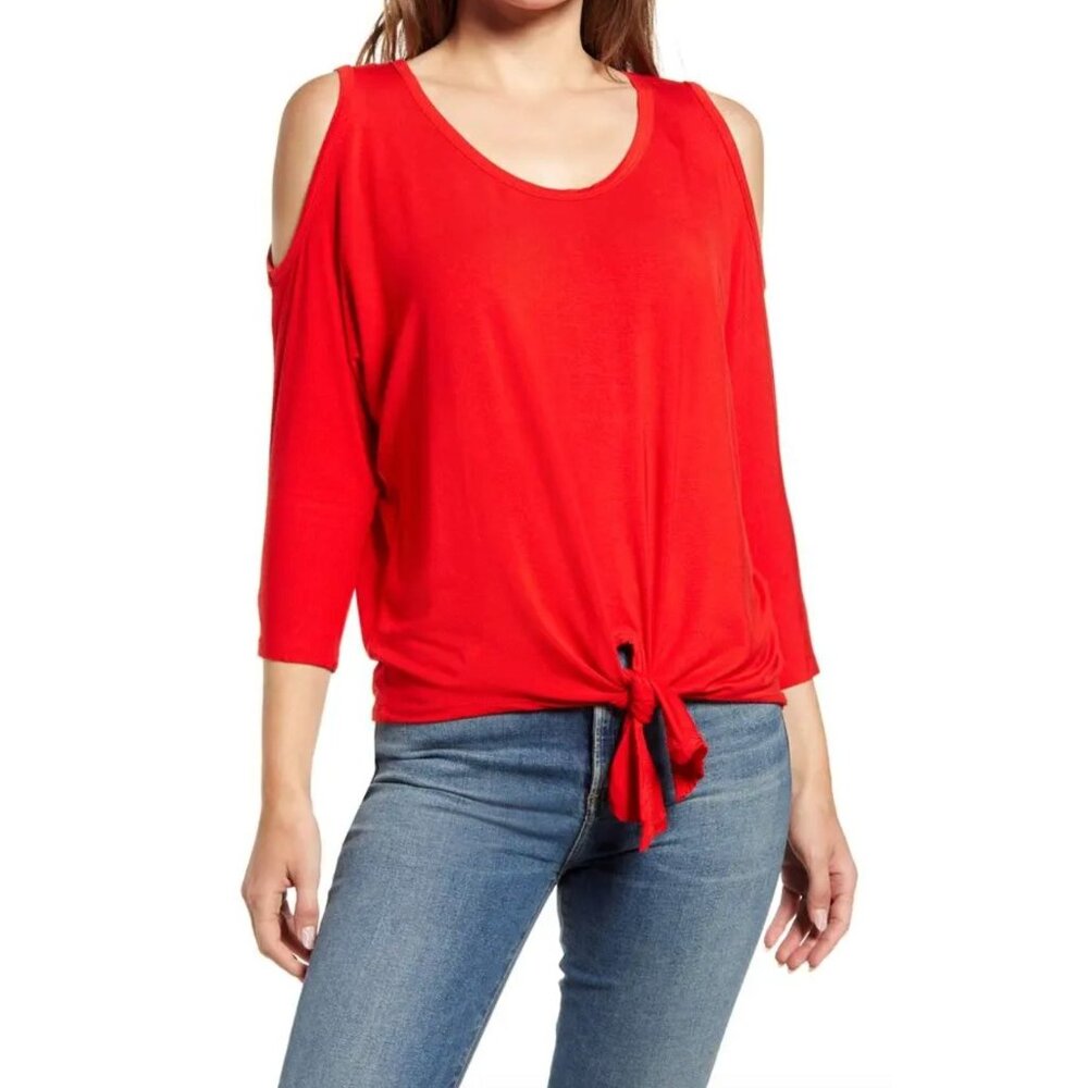Boston Proper Red Dolman Cold Shoulder Soft Knit Waist Tie Top Size XS V-Neck - Picture 9 of 9